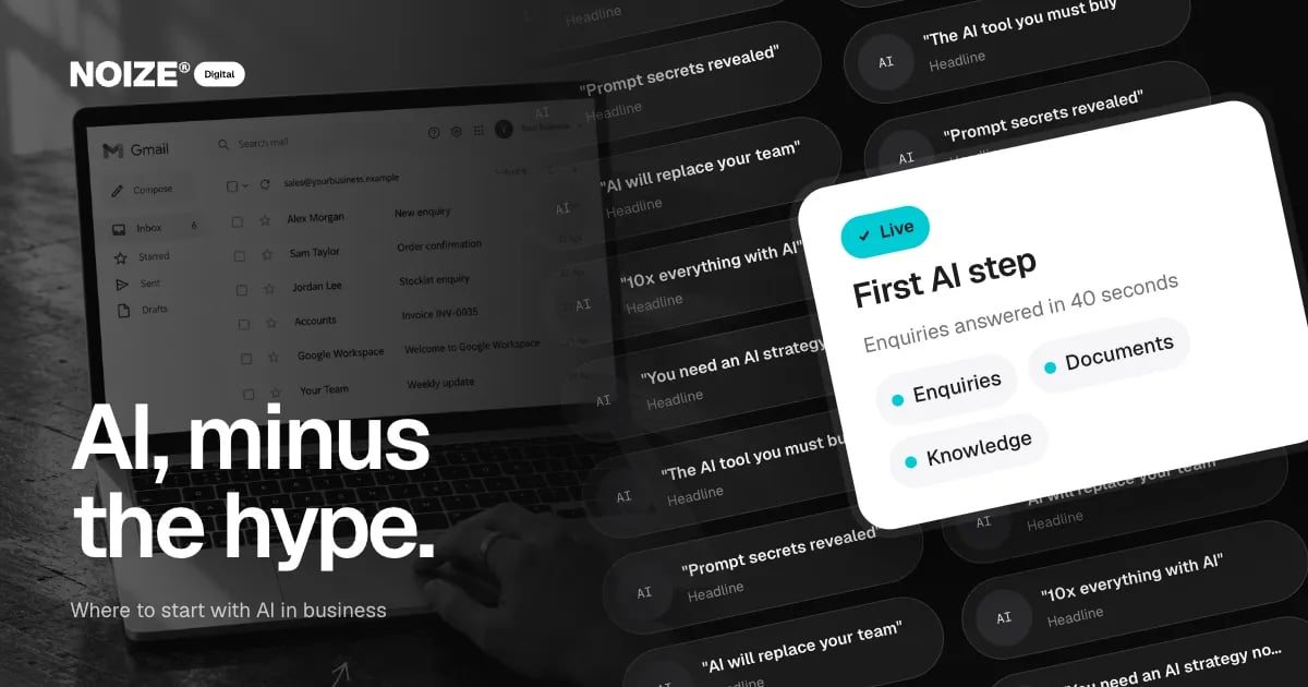 A wall of AI hype headlines with a white First AI step card: enquiries answered in 40 seconds.