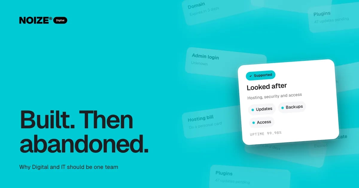 A wall of website risks like expired domains and missing backups, with a white Looked after card showing 99.98% uptime.