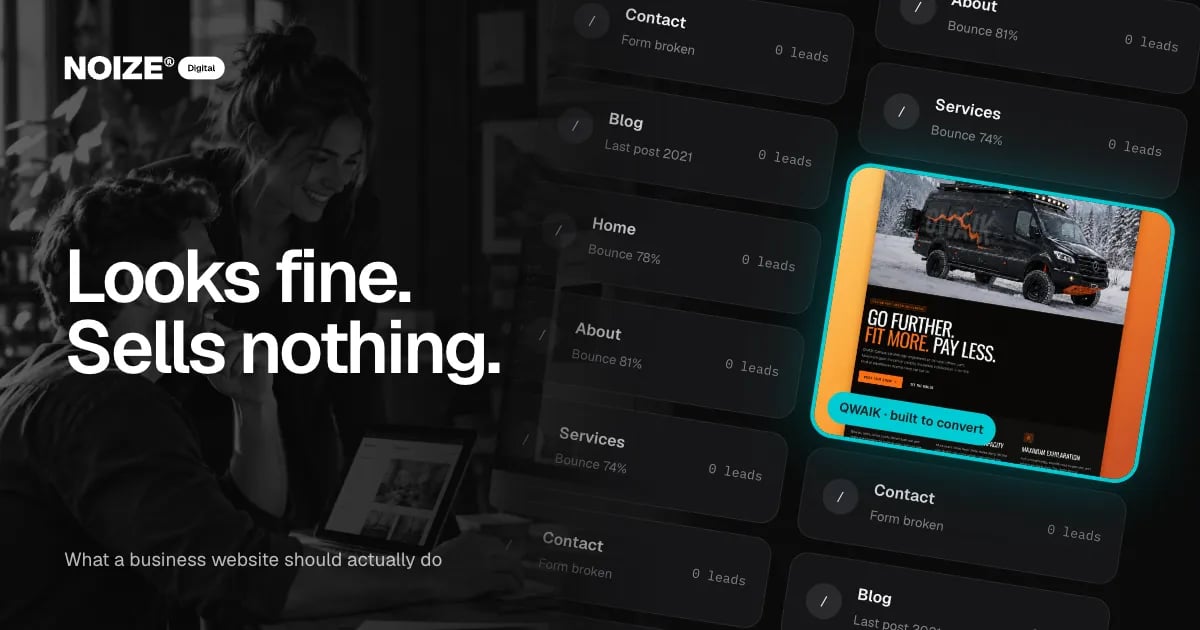A wall of website pages with high bounce rates and zero leads, with one full-colour QWAIK website lit up.
